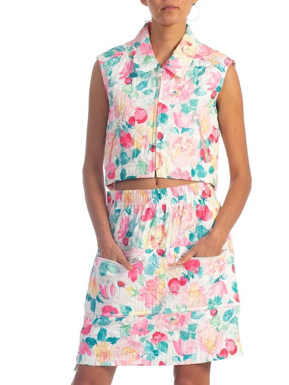 1990S Chanel Floral Polyester Jacket & Skirt Winte