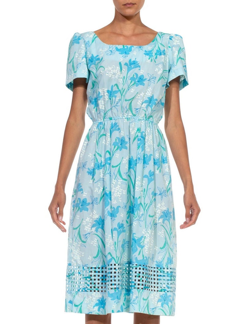 1980S Lilly Pulitzer Light Blue Floral Print Cotton Basket Weave Hem Dress With Elastic Waist image 1