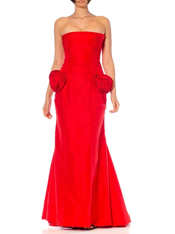 1980S Valentino Red Silk Taffeta Strapless Fishta… - image 1