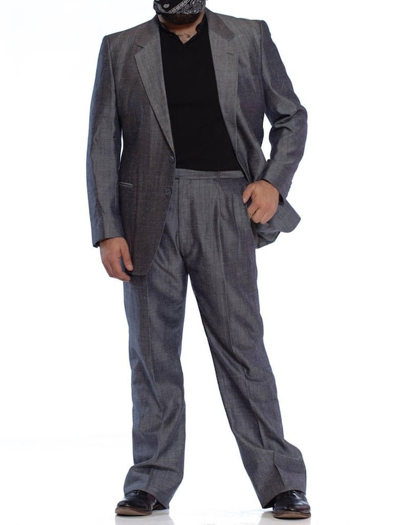 1980'S Silver Blue Silk Blend Sharkskin Men's 60S