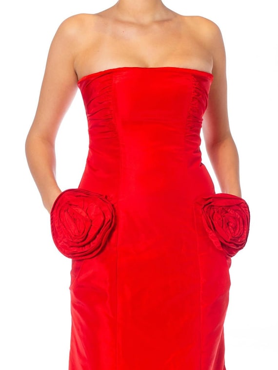 1980S Valentino Red Silk Taffeta Strapless Fishta… - image 6