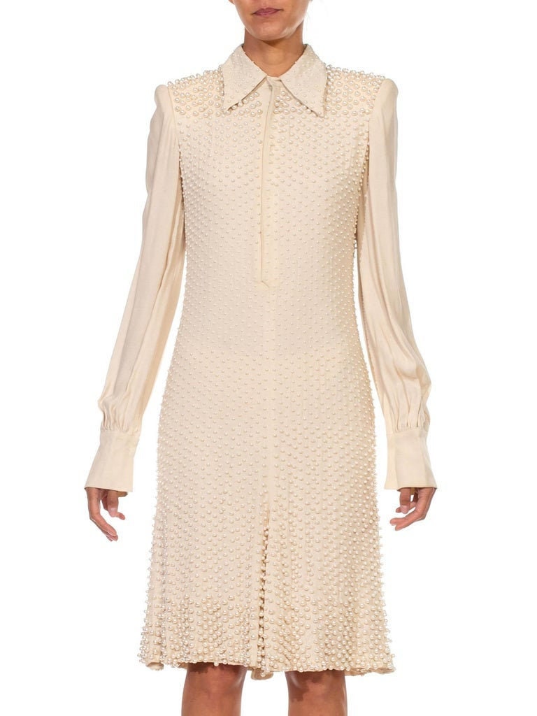 2000S Jean Paul Gaultier Cream Silk Long Sleeved Cocktail Dress Covered in Pearls