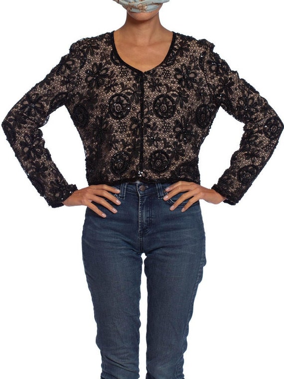 1990S Armani Black Lace Silk Chiffon Beaded Dinne