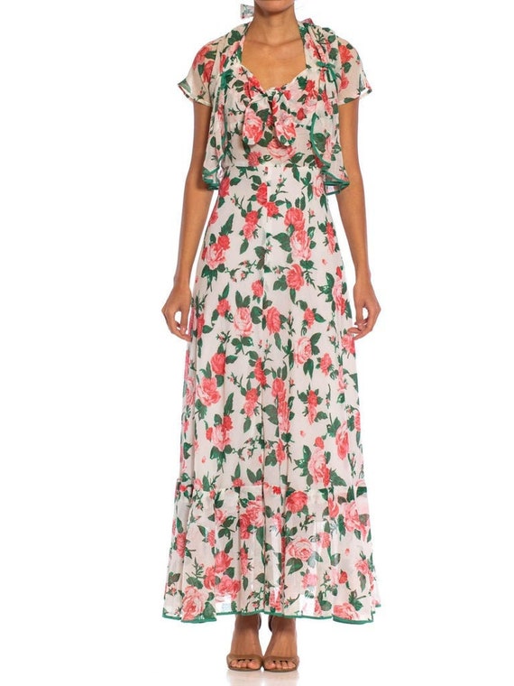 1970S Pink Green Floral Cotton Blend Voile Romant
