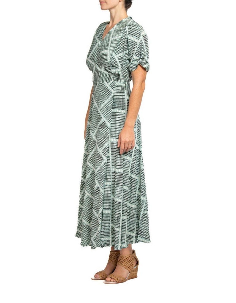 1940S Light Blue & Black Cold Rayon Geometric Print Wrap Dress image 2