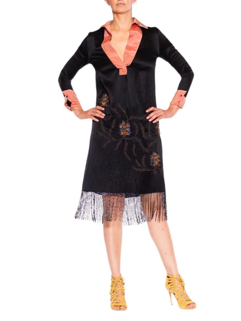 1920S Morphew Collection Black Pink Silk Faille Embroidered Dress With Beaded Fringe image 6