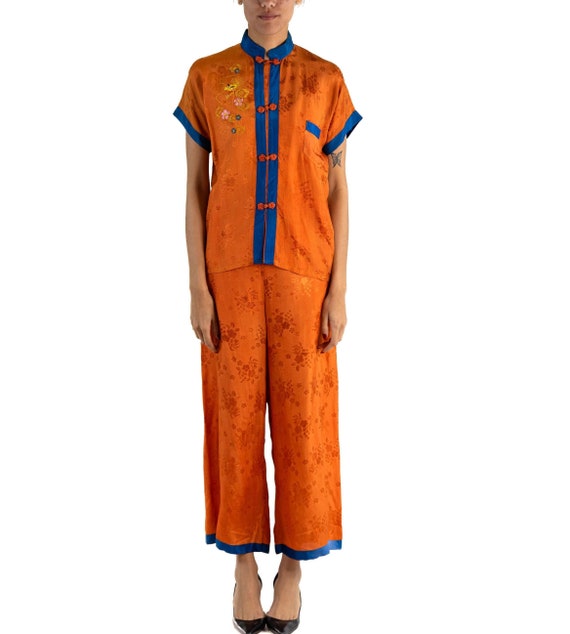 1940S Orange & Blue Silk Jacquard Pajamas With Dra