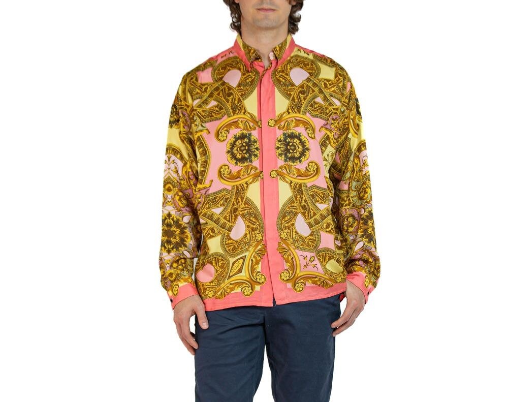 1990S Gianni Versace Pink Gold Silk Dress Shirt With Original