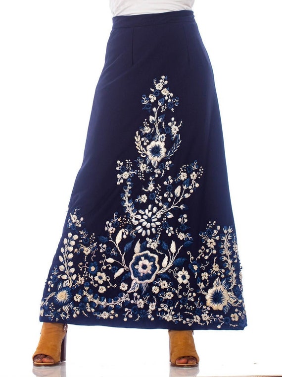1970S Blue & White Polyester Linen Lined Maxi Skir