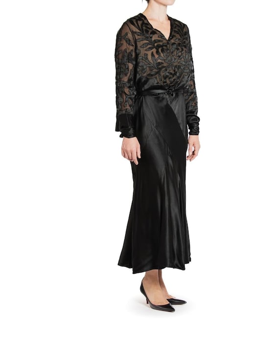 1930S Black Silk Satin Bias Cut Long Sleeve Gown - Gem