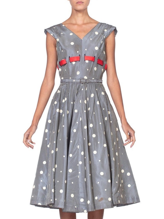 1950'S Blue & White Gingham Taffeta Polka Dot Pri… - image 1