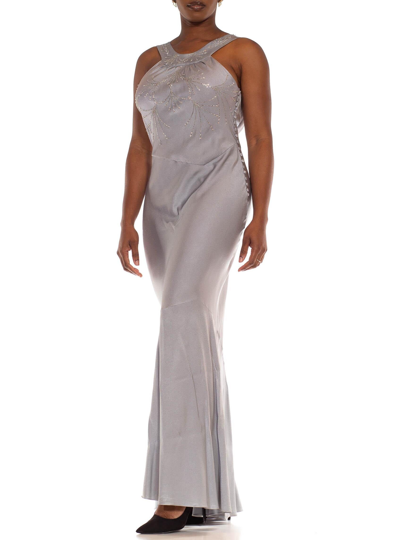 2000S John Galliano Grey Blue Viscose Blend Cowl Back Jeweled Bodice Gown