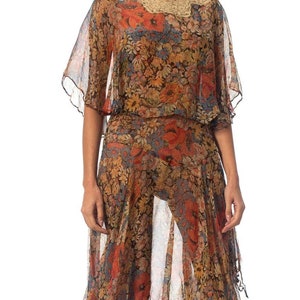 1920S Earth Tone Floral Silk Mousseline Dress With Lace Collar & Caped Bodice image 5