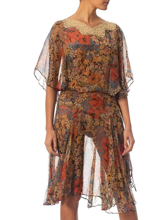 1920S Earth Tone Floral Silk Mousseline Dress Wit… - image 5