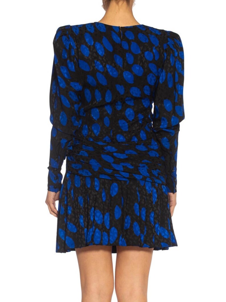 1980S Givenchy Black Blue Haute Couture Silk Jacquard Draped Cocktail Dress With Sleeves image 6