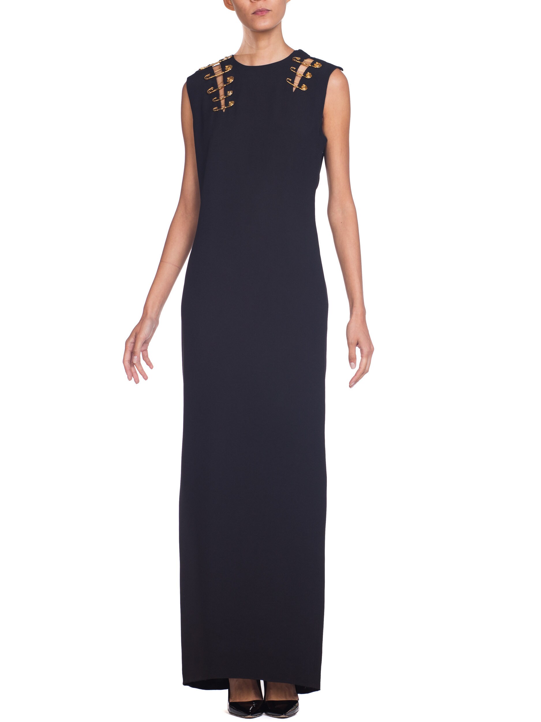 gianni versace black dress 2001 Vintage Versace Couture Documented Runway Black Sheer Silk & Leather  Bias-Cut Gown main image 0