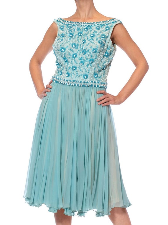 1950S Aquamarine Blue Silk Chiffon Beaded Party Co