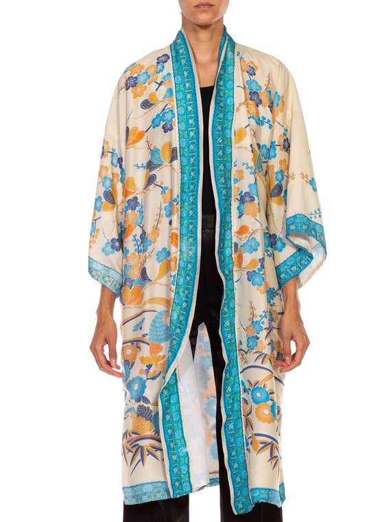 1960S Blue  Cream Floral Silk Kimono - image 1