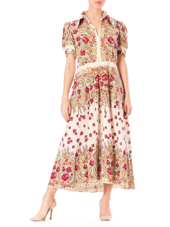 1930S Cotton Peasant Style Floral Maxi Dress With