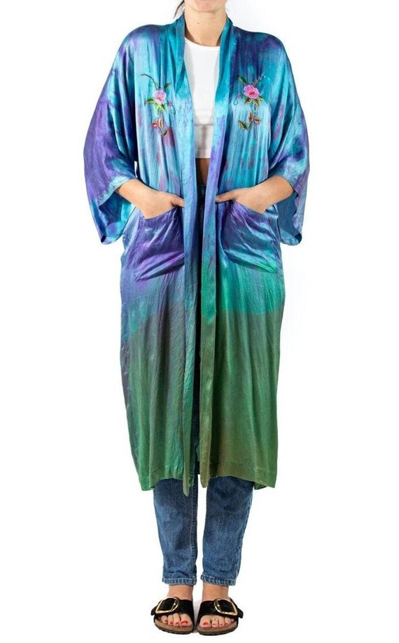 1990S Purple Teal Silk Charmeuse Kimono