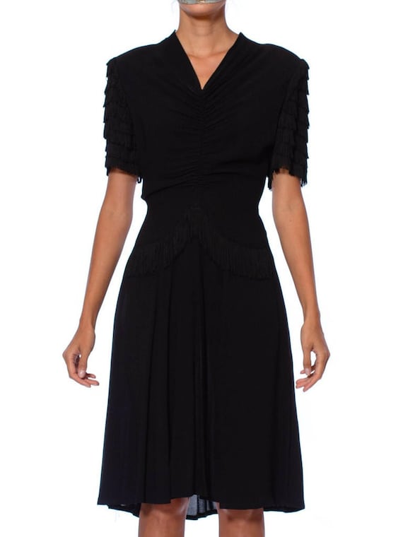 1940S Black Rayon Crepe Shirred Front Dress With … - image 1