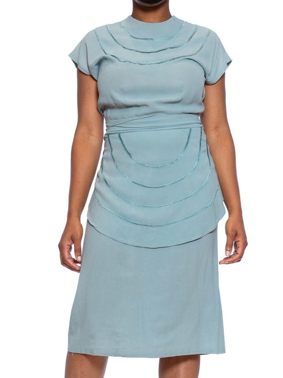1940S Mint Blue Rayon Crepe Dress With Sash Belt … - image 1