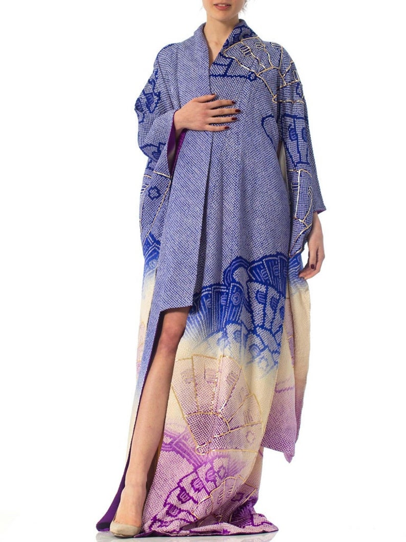 1970'S Japanese Shibori Hand Dyed Ombre Blue To Purple Silk Gold Embroidered Kimono image 7