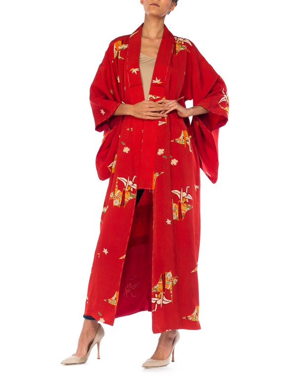 1960S Red Silk Asian Floral Paper Crane  Kimono Lo