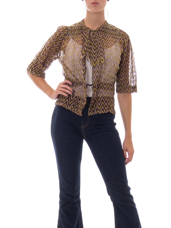 1930S Brown Cotton Net Sheer Bow Neck Blouse Embro