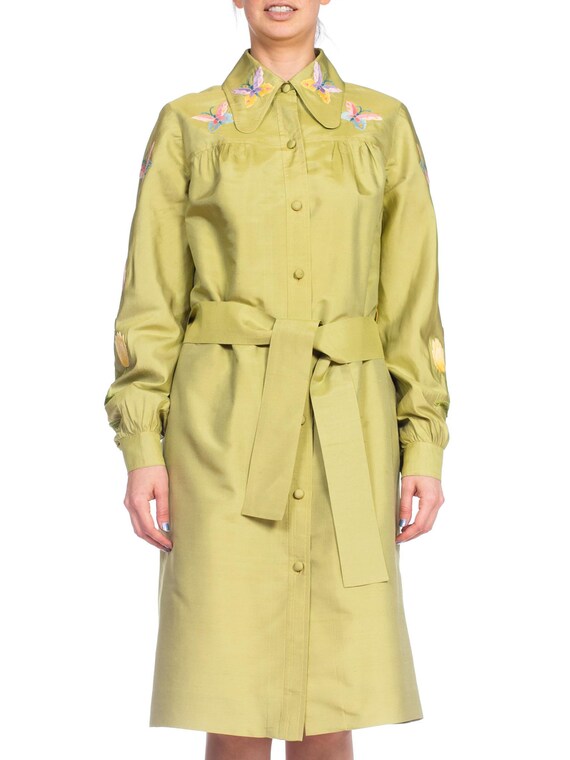 1970S Green Silk Hand Embroidered Shirt Dress