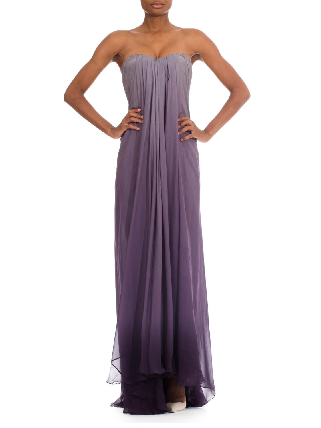 2004 Alexander Mcqueen Dove Grey & Lavender Silk Chiffon Strapless Cape-Back Gown With Ombré Lurex Lining