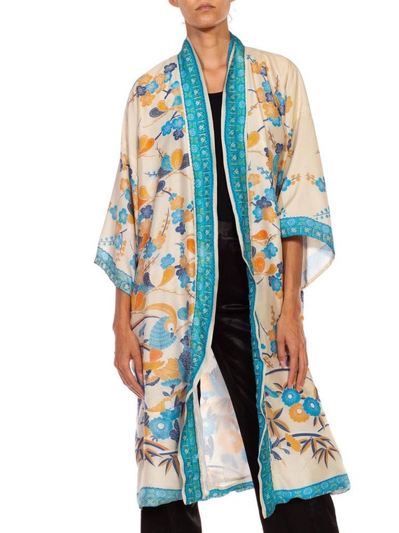 1960S Blue  Cream Floral Silk Kimono - image 4