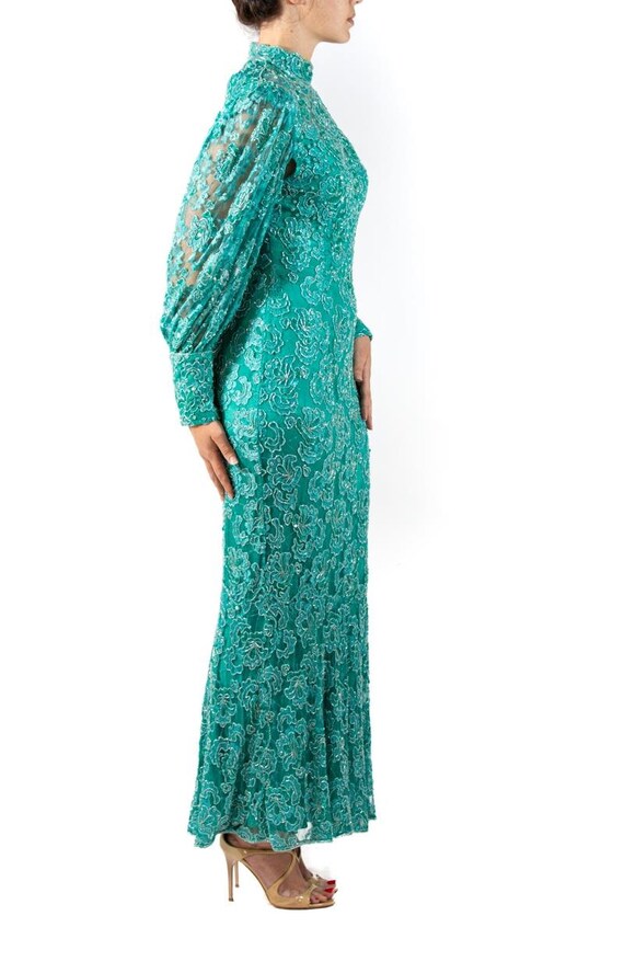 1980S Teal Beaded Rayon Lace Gown With Sleeves - image 3