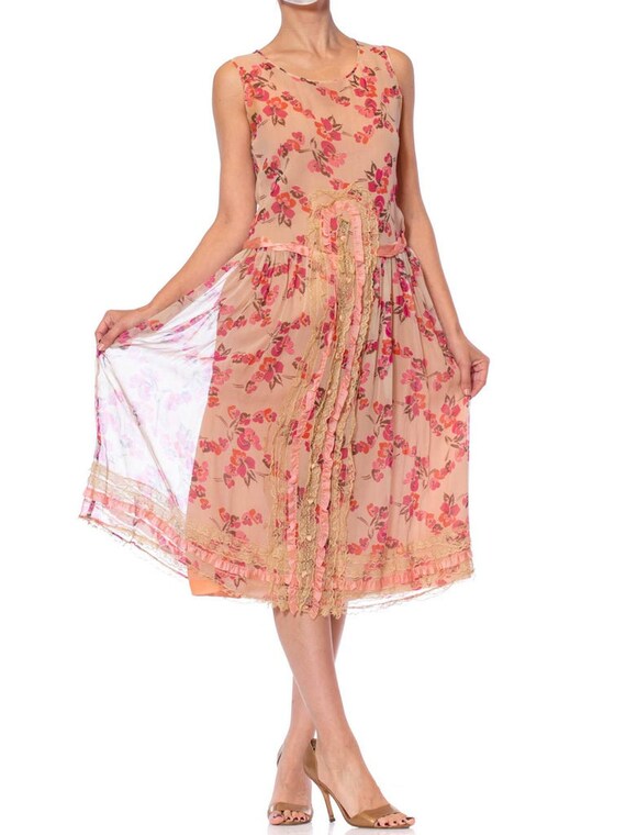 1920S  Pink Floral Silk Chiffon Fully Lined Dress… - image 8