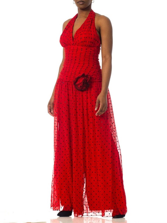 1980S Red Polyester Chiffon Polka Dot Jumpsuit