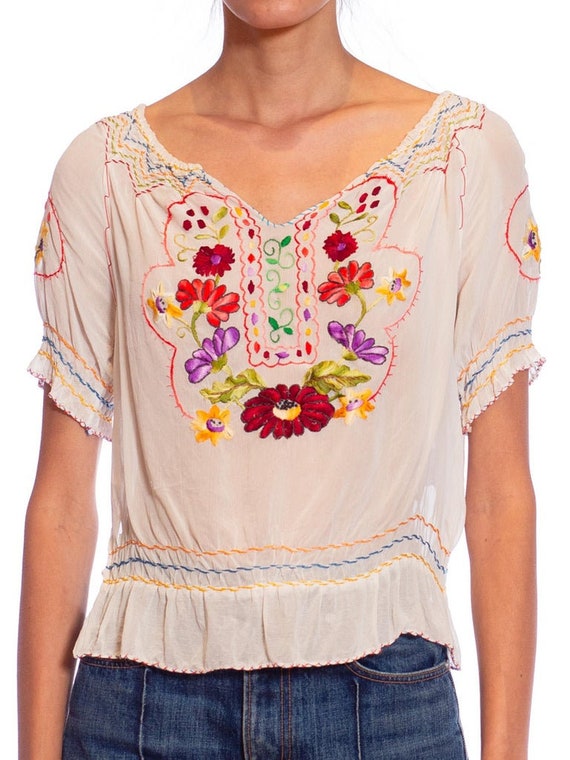 1940S White Hand Embroidered Rayon Chiffon Top - image 5
