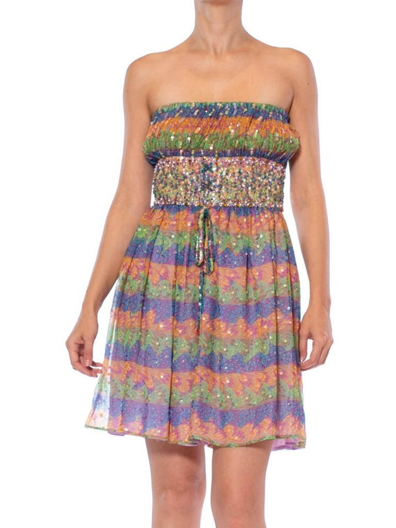 1960s Valentina Rainbow Psychedelic Polyester Chiffon Strapless Beaded Mini Cocktail Dress