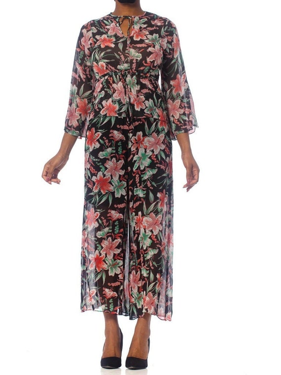 1970S Floral Rayon Chiffon Blouse & Pant Ensemble