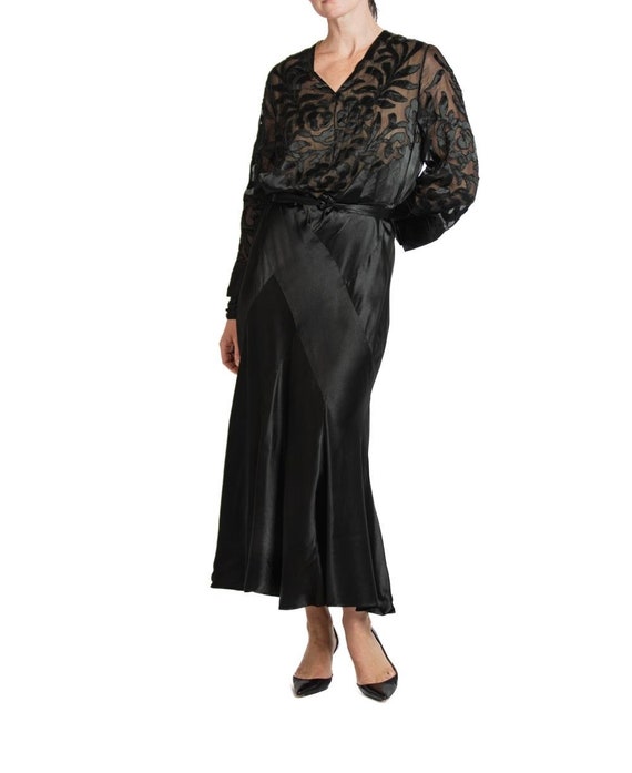 1930S Black Silk Satin Bias Cut Long Sleeve Gown - image 5