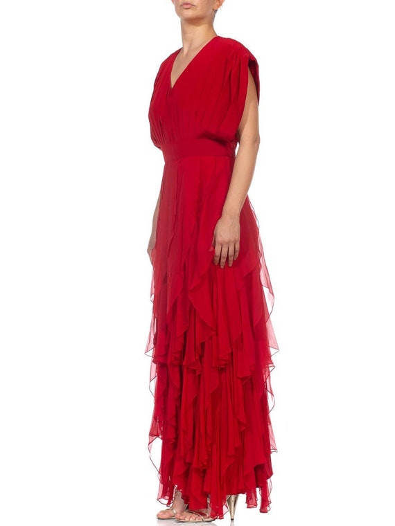 1980S Red Silk Chiffon Pleated Bodice Gown With B… - image 8