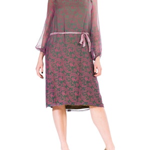 1980S Pink & Grey Silk Chiffon Paisley Printed Sheer Sleeve Dress With Belt image 5