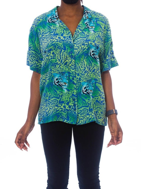 1990S Teal Silk Crepe De Chine Tiger Print Shirt
