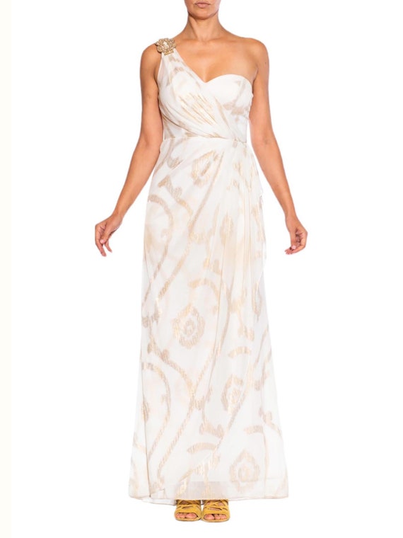 1990S White & Gold Lurex Silk Blend Chiffon Gown