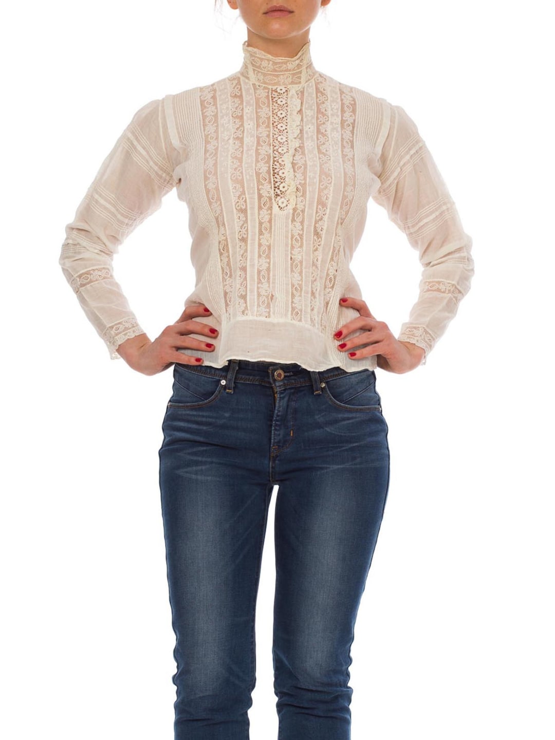 Buy Victorian Cream Cotton Lace High Swan Neck Blouse With Trim Sleeves  Hand-made Buttons Online in India