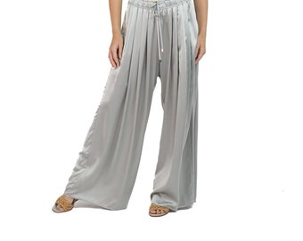 Morphew Collection Silver Silk Charmeuse Oversized Box Pleat Pants