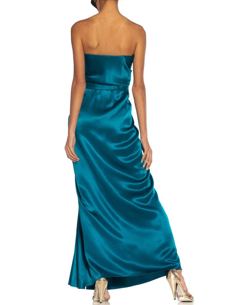 1980S Yves Saint Laurent Teal Haute Couture Silk Satin Draped Strpless Gown 画像 9