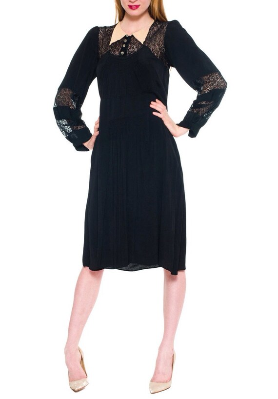 1930S Black Silk Faille & Lace Collared Dress With