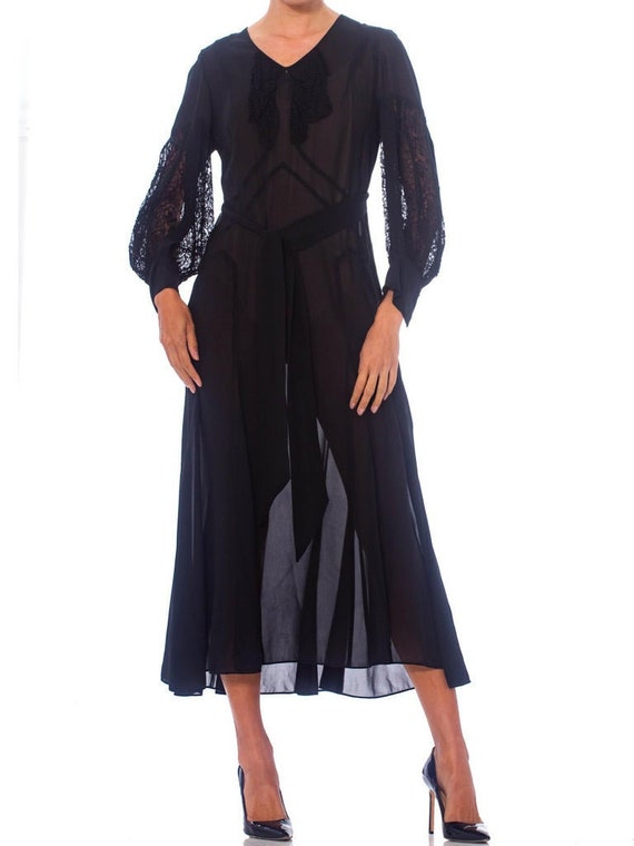 1930S Black Silk Chiffon Tie Waist Dress With Lace Inset Sleeves 1930S Black Silk Chiffon Tie Waist Dress With Lace Inset Sleeves