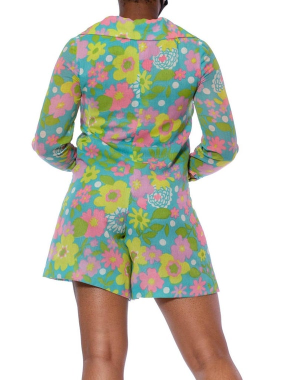 1960S Aqua Blue Floral Cotton Voile Mod Romper - image 6