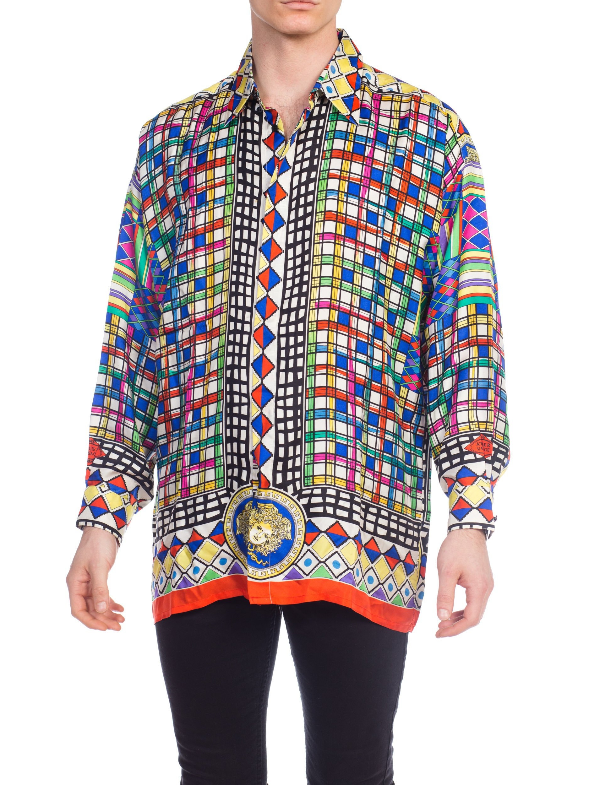 1990S GIANNI VERSACE Multicolor Geometric Silk Camicia Uomo Sz 50